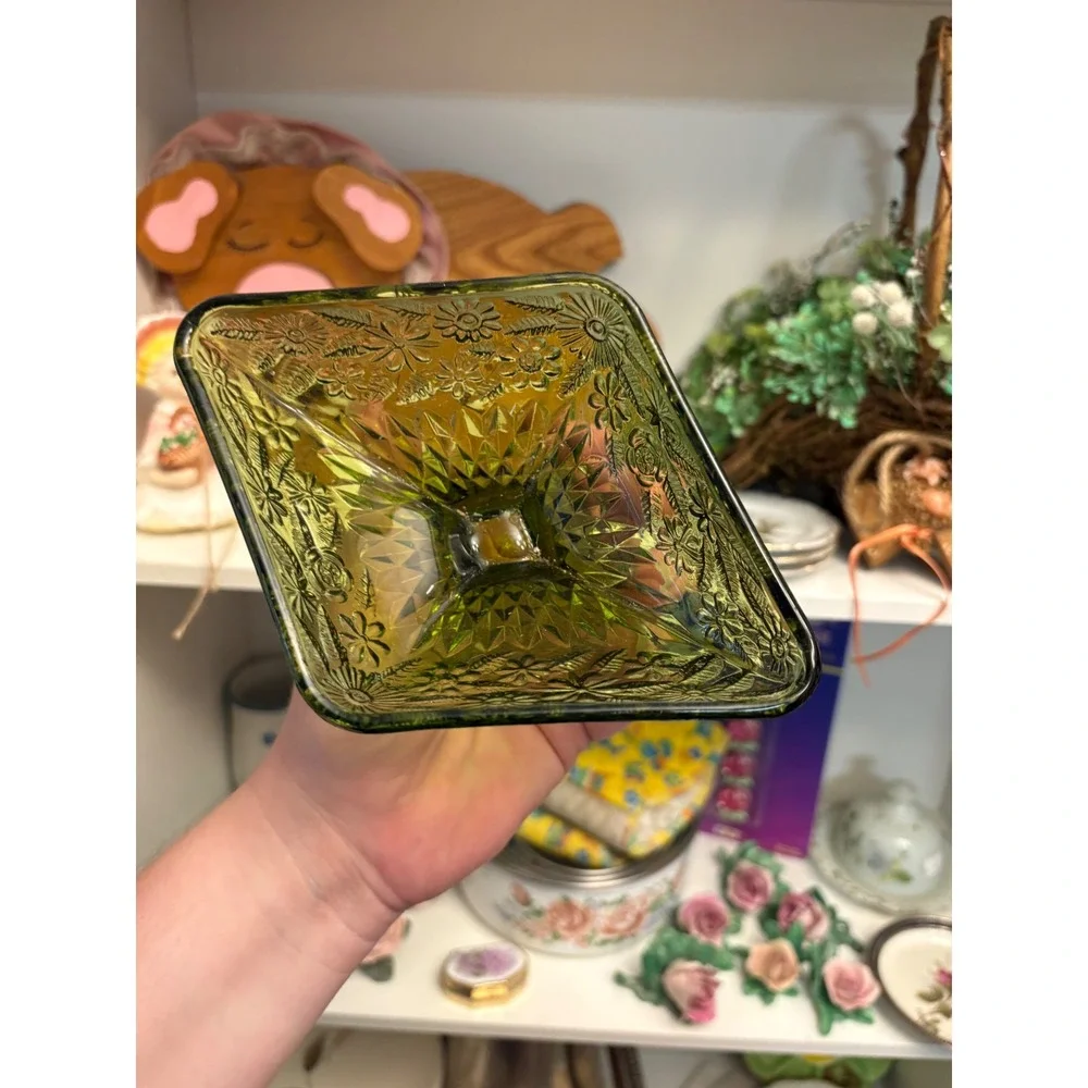 Vintage Green Floral Pressed Glass Pedestal Bowl Diamond Candy Dish